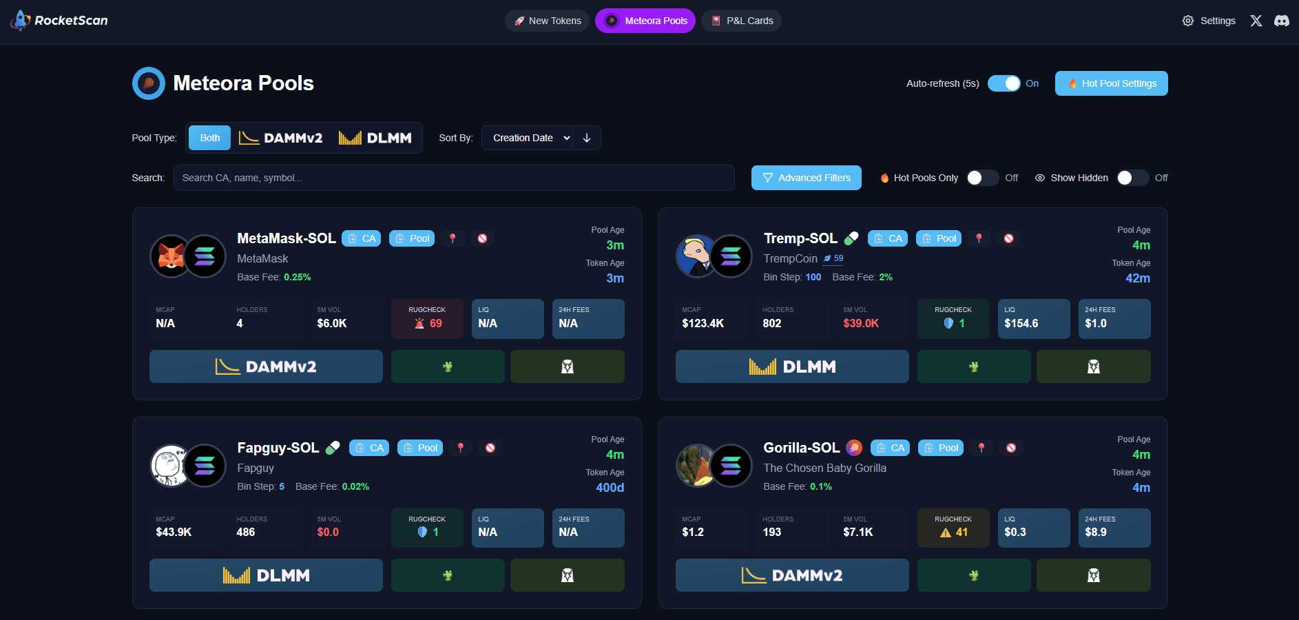 Meteora Pools dashboard
